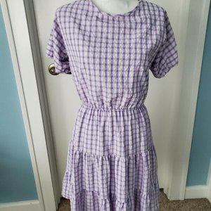 BCBG Purple Gingham Peasant Dress RUFFLED, CUT OUT BACK Spring Summer Size 16